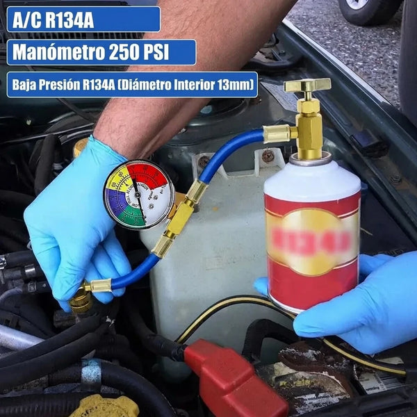 Kit de Recarga de Aire Acondicionado para Auto Con Manguera, Manómetro y Válvula de Seguridad R-134a