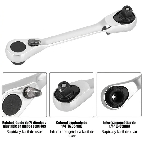 Llave Rachet Mini Doble Cabeza 1/4" 72 Dientes Para Espacios Reducidos / Uso Mecánico